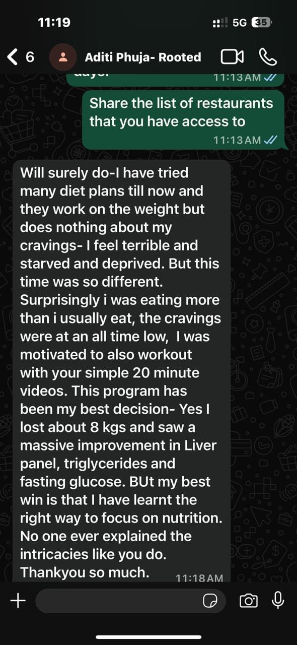 Aditi Phuja WhatsApp testimonial about cravings and 8kg weight loss