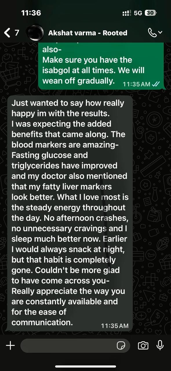 Akshat Varma WhatsApp testimonial about improved blood markers and energy