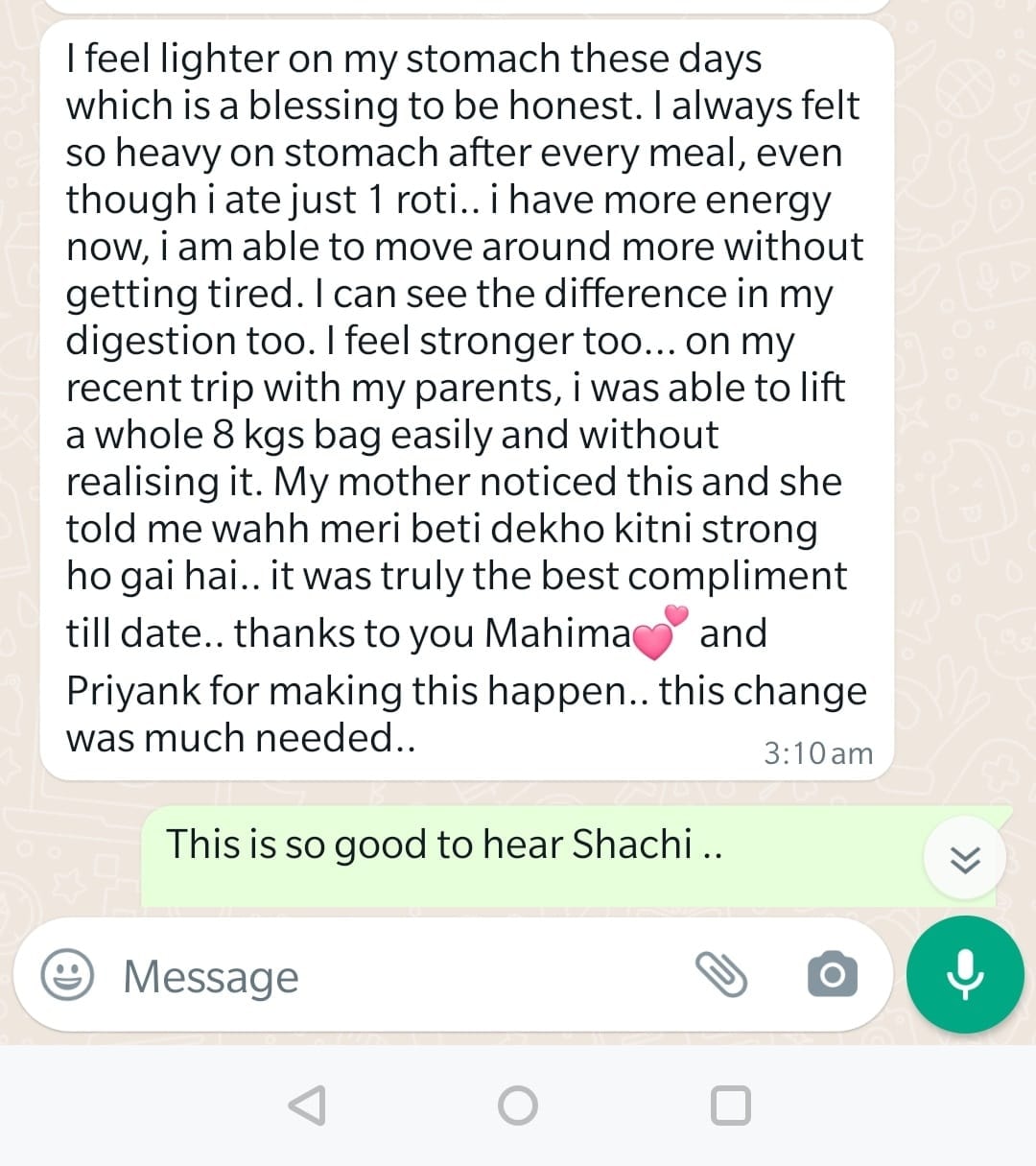 WhatsApp testimonial about improved digestion and energy