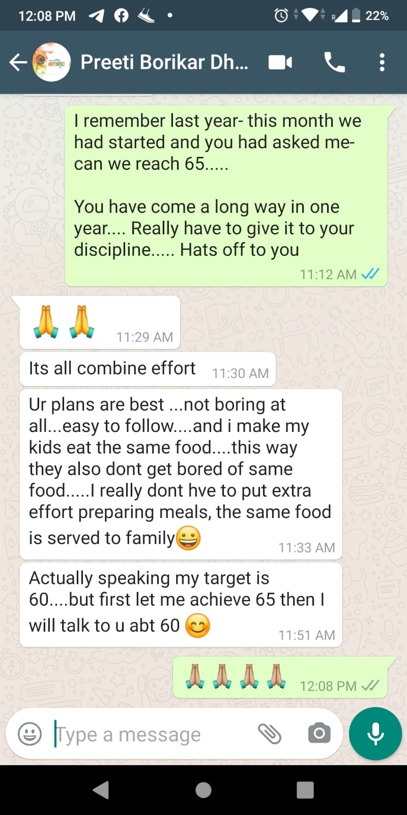 WhatsApp conversation celebrating fitness progress