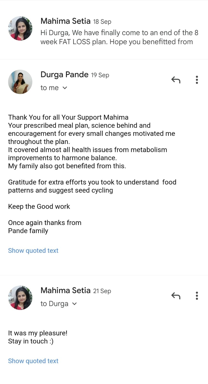 Client email testimonial about an eight-week fat-loss plan