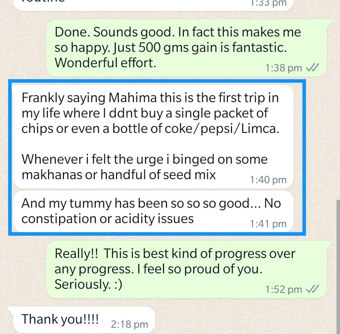 WhatsApp conversation about healthy eating progress