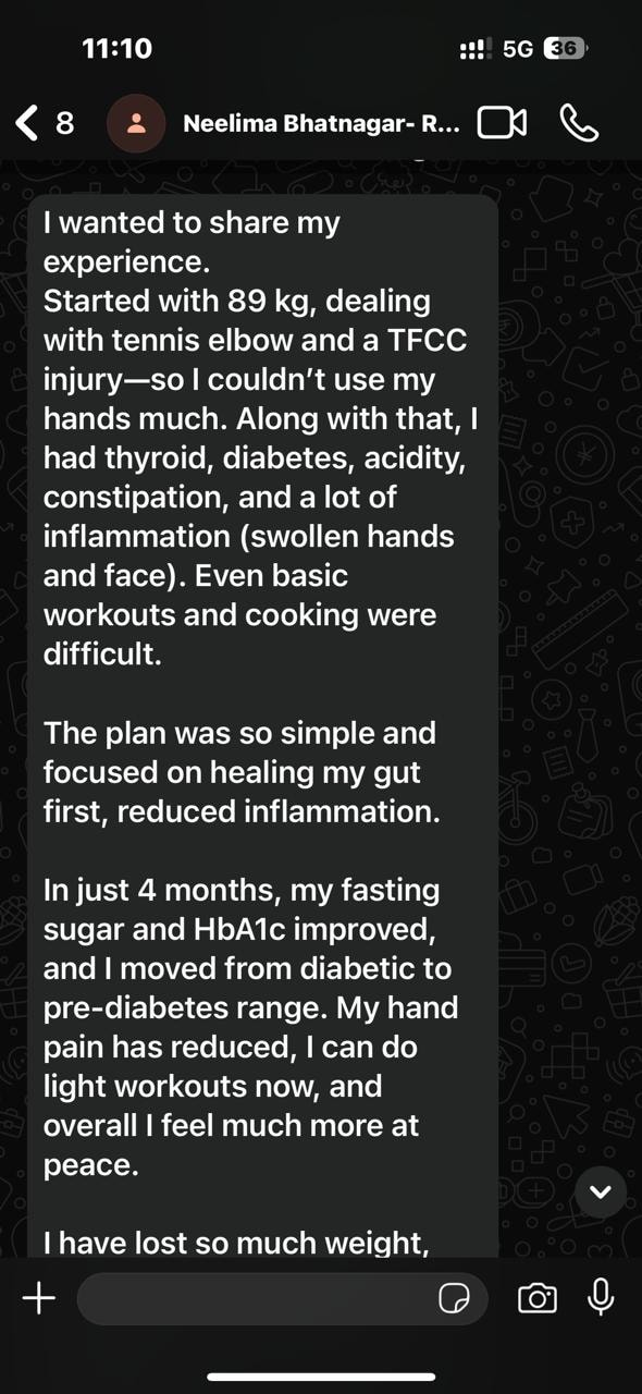 Neelima Bhatnagar WhatsApp testimonial about moving from diabetic to pre-diabetes range