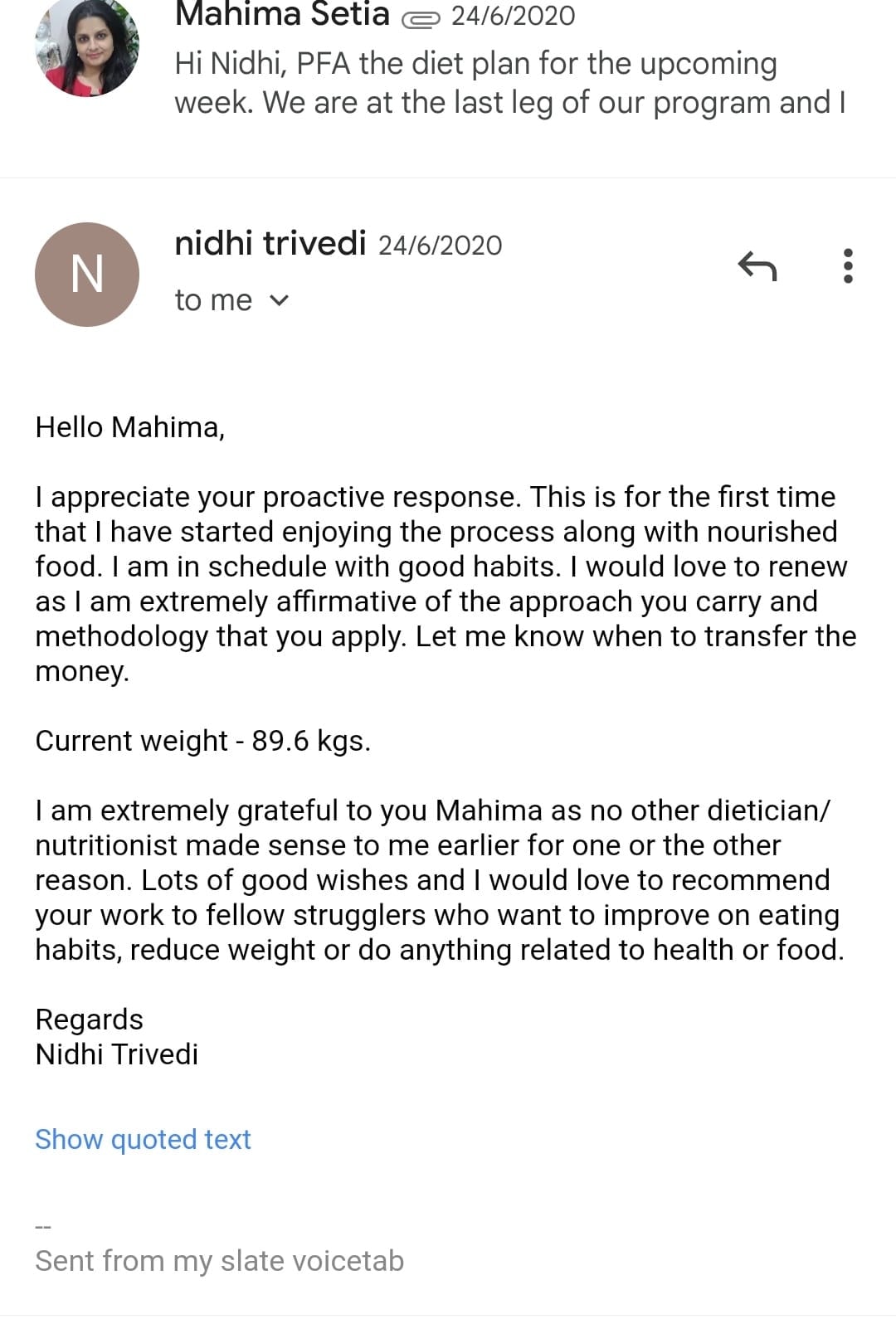 Email praising dietitian nutrition program