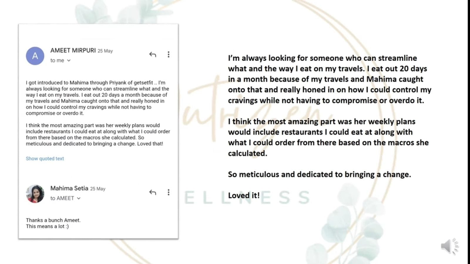 Testimonial about travel eating and meal planning