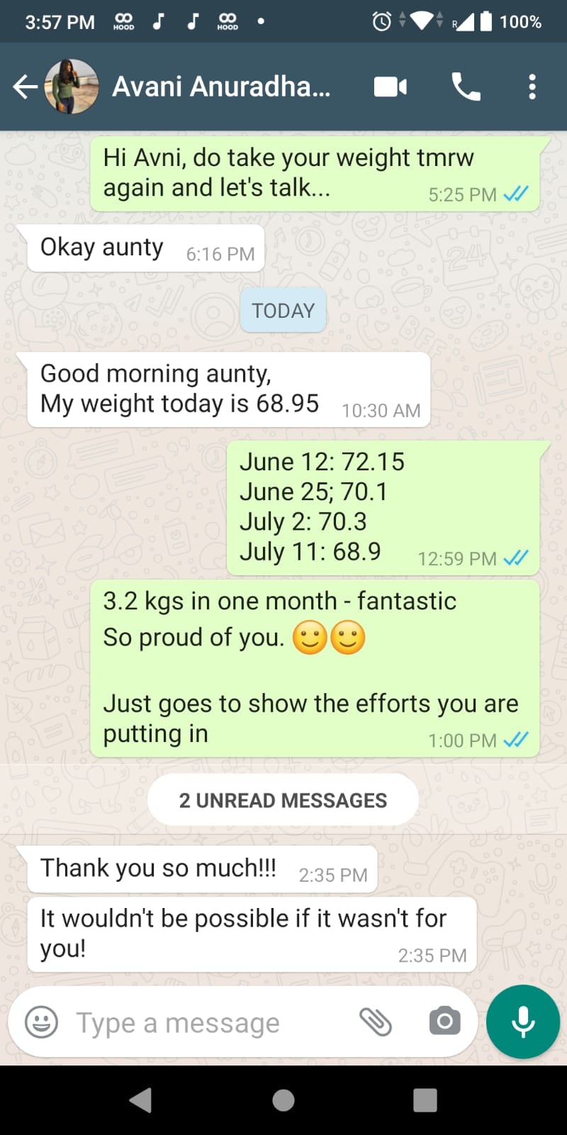 WhatsApp weight loss progress conversation