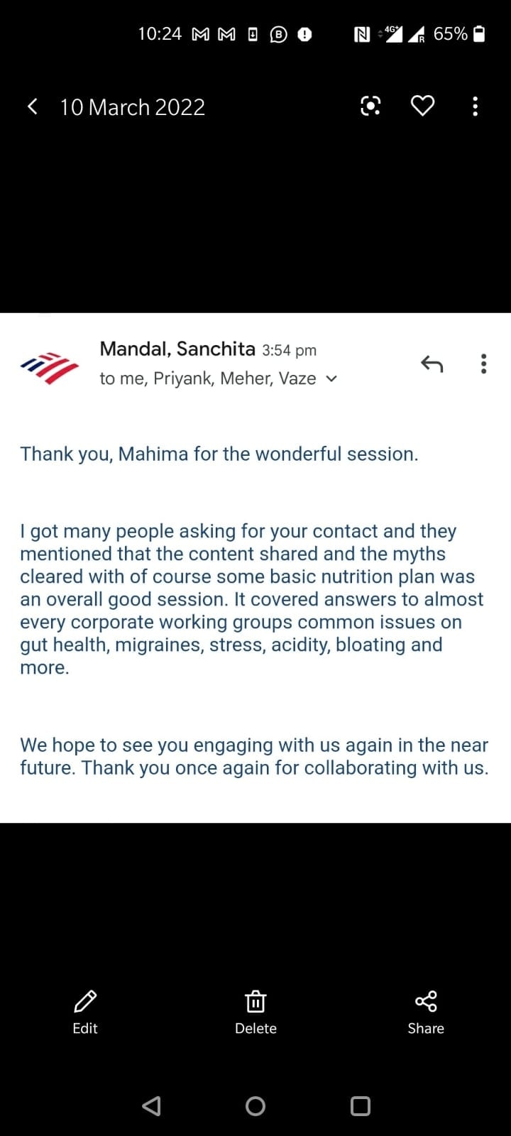 Email praising corporate wellness session